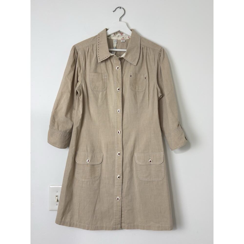 Nick And Mo Anthropologie Women’s L Tan Peasant Shirt Dress Boho Cottagecore